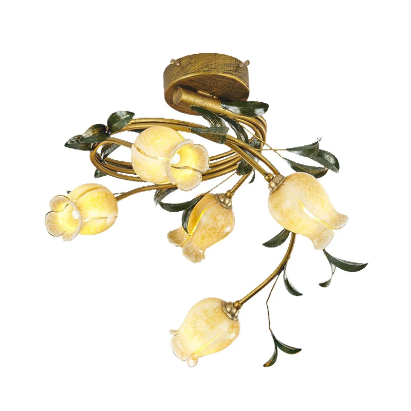 Tulp Eetkamer Semi Flush Pastorale Stijl Metaal 5 Lampen Messing LED Dichtbij Plafondlamp Clearhalo