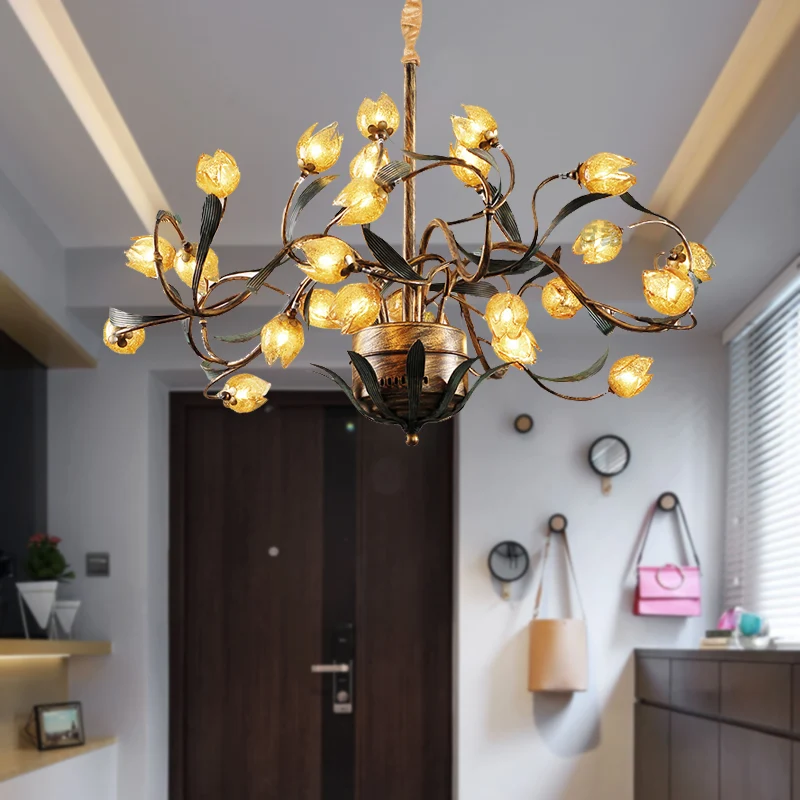 Tulp metalen kroonluchter licht pastoraal 25 lampen woonkamer LED hanglamp messing Clearhalo