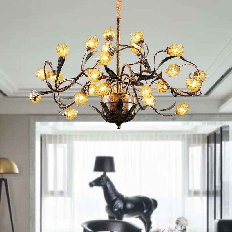 Tulp metalen kroonluchter licht pastoraal 25 lampen woonkamer LED hanglamp messing Clearhalo