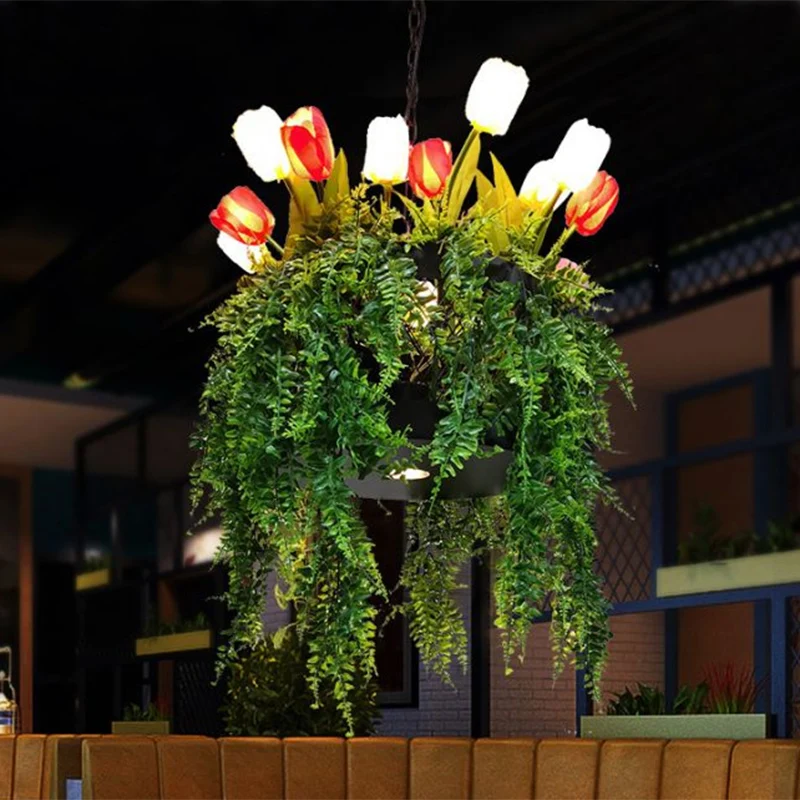Tulp/Lelie Eetkamer Hanglamp Kit Boerderij Metaal 10 Koppen Rood/Wit Kroonluchter Verlichtingsarmatuur met 2-laags ontwerp...