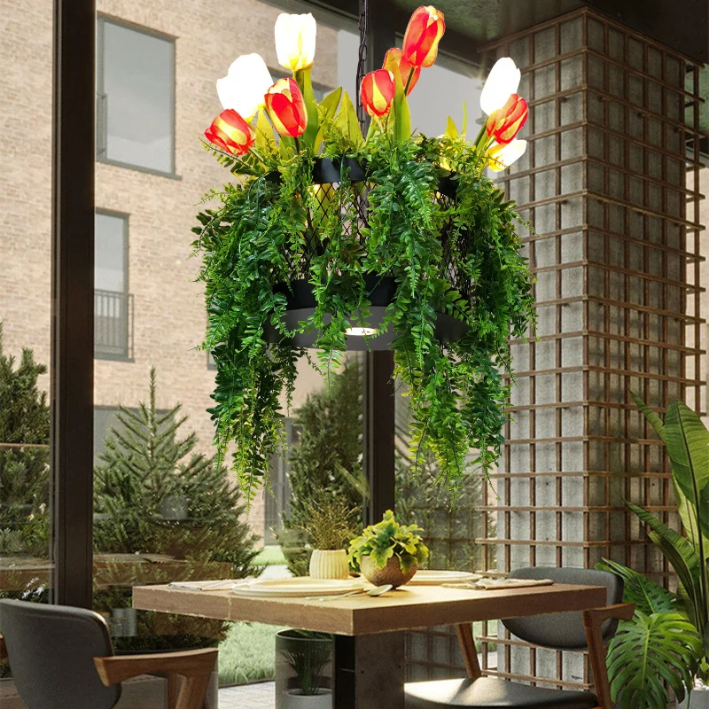 Tulp/Lelie Eetkamer Hanglamp Kit Boerderij Metaal 10 Koppen Rood/Wit Kroonluchter Verlichtingsarmatuur met 2-laags ontwerp...