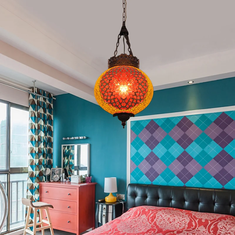 Turkse globe hangende hanger 1 kop handgemaakte kunstglas hangende verlichtingsarmatuur blauw/oranjerood Clearhalo