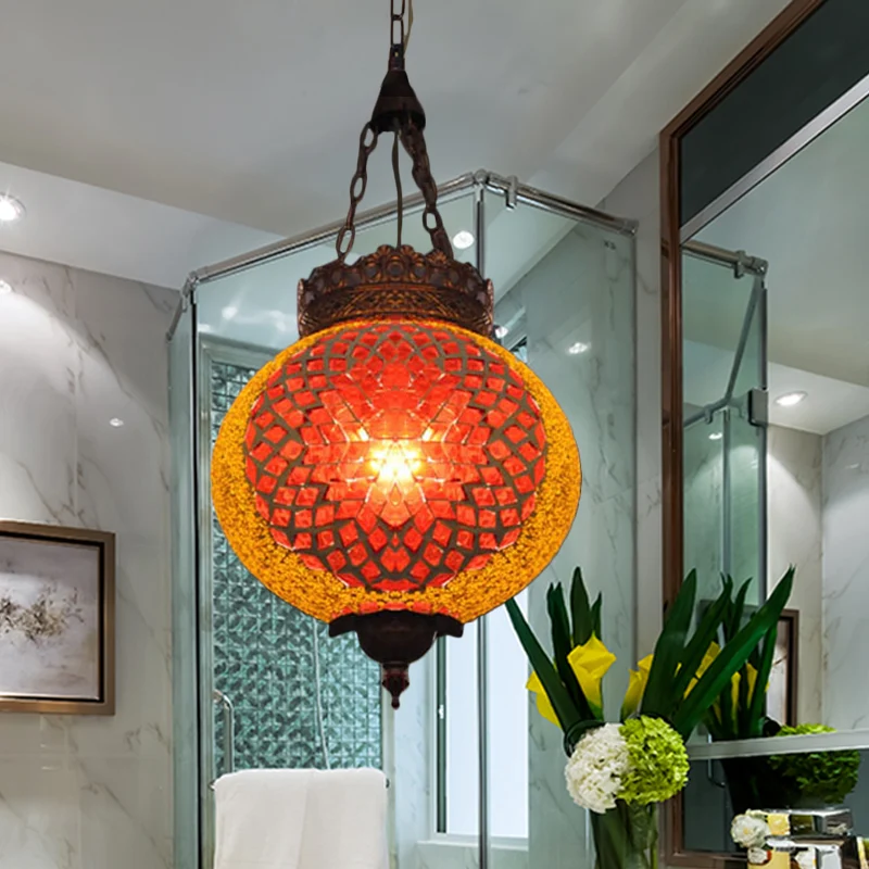 Turkse globe hangende hanger 1 kop handgemaakte kunstglas hangende verlichtingsarmatuur blauw/oranjerood Clearhalo