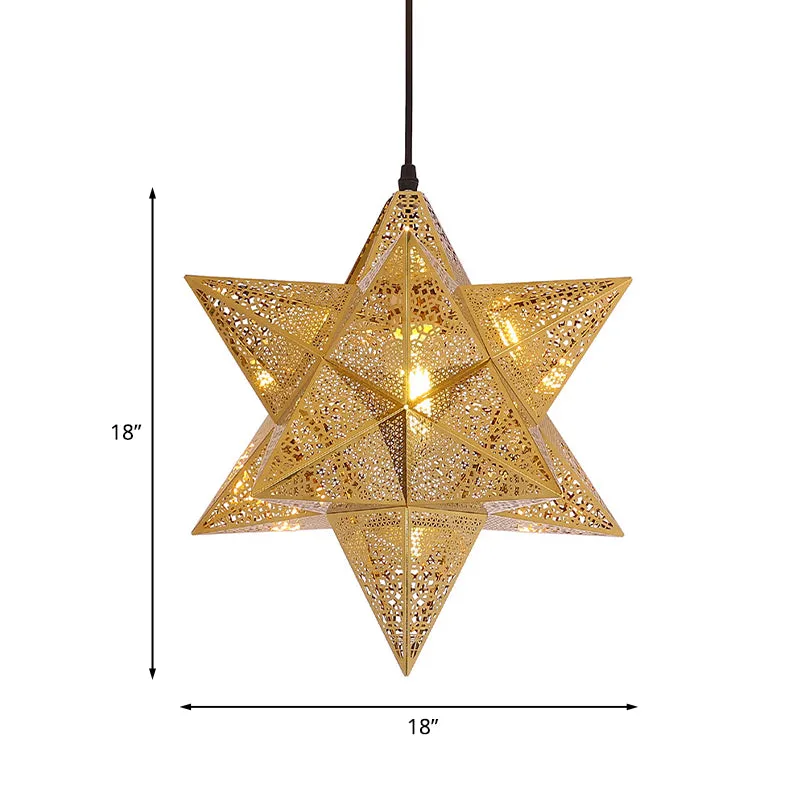 Uitgesneden ster restaurant hanglamp koloniaal roestvrij staal 1-lamp gouden ophangverlichting, 14"/18" breed Clearhalo