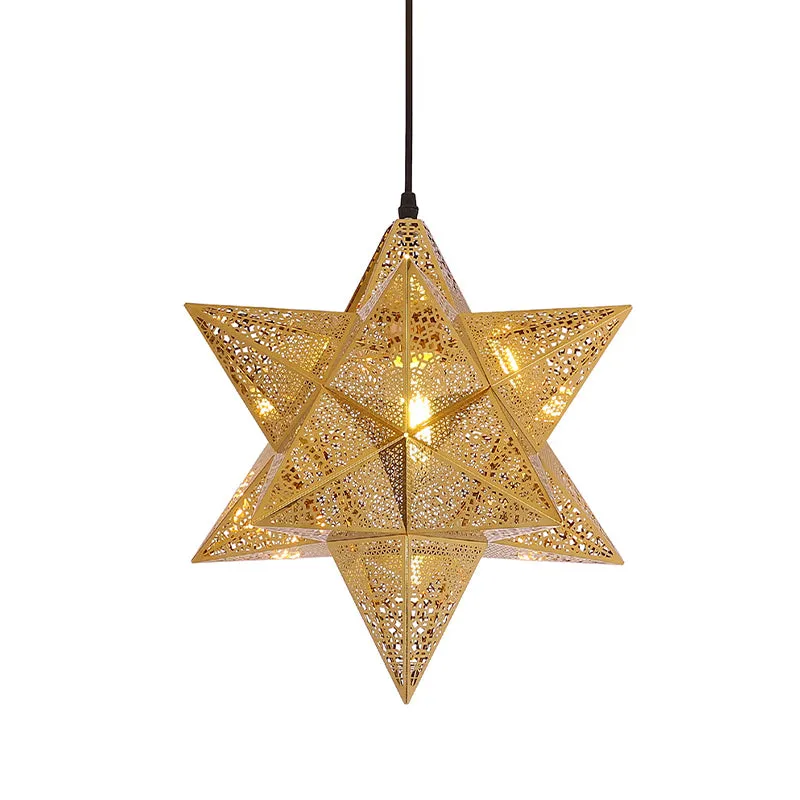 Uitgesneden ster restaurant hanglamp koloniaal roestvrij staal 1-lamp gouden ophangverlichting, 14"/18" breed Clearhalo
