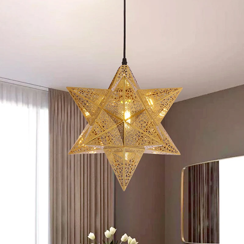 Uitgesneden ster restaurant hanglamp koloniaal roestvrij staal 1-lamp gouden ophangverlichting, 14"/18" breed Clearhalo