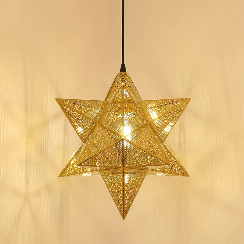 Uitgesneden ster restaurant hanglamp koloniaal roestvrij staal 1-lamp gouden ophangverlichting, 14"/18" breed Clearhalo