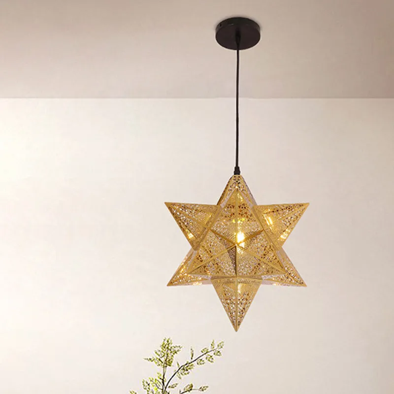 Uitgesneden ster restaurant hanglamp koloniaal roestvrij staal 1-lamp gouden ophangverlichting, 14"/18" breed Clearhalo