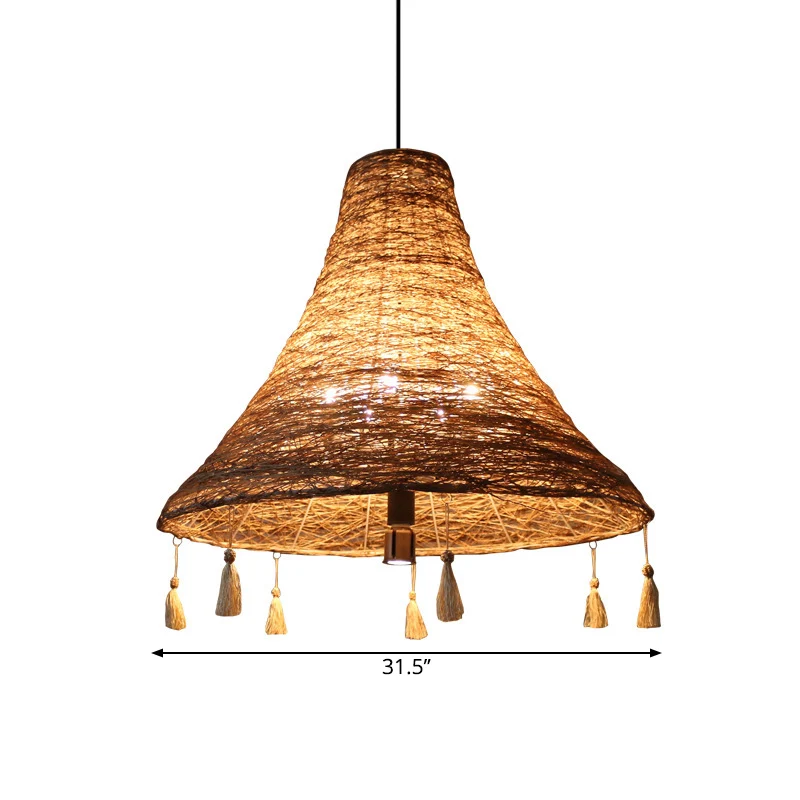 Uitlopende Manila Rope Suspension Hanger Aziatische 23,5"/31,5" Breedte 3 Lampen Gele Kroonluchter Licht met Kwastje Deco...