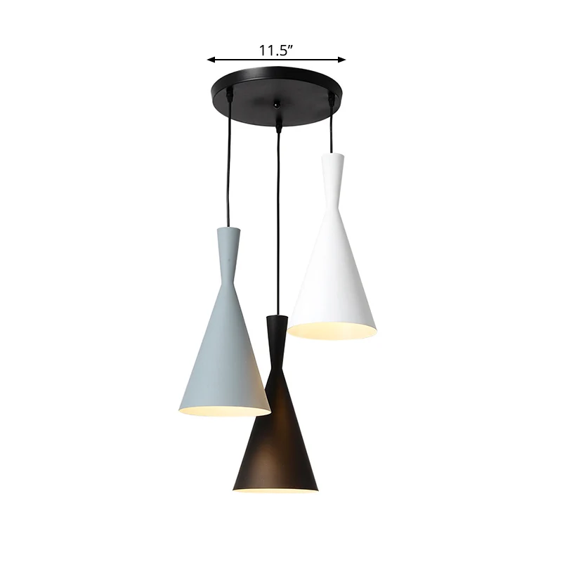 Uitlopende metalen hanglamp, moderne, 3-koppige zwarte hanglampenset met ronde/rechthoekige luifel Clearhalo