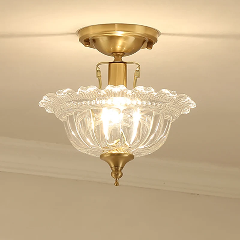 Uitlopende semi-inbouw hedendaagse ruche glas de schaduw 1 licht messing plafondinbouwmontage Clearhalo