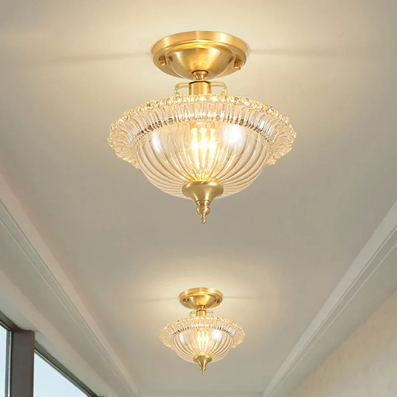 Uitlopende semi-inbouw hedendaagse ruche glas de schaduw 1 licht messing plafondinbouwmontage Clearhalo