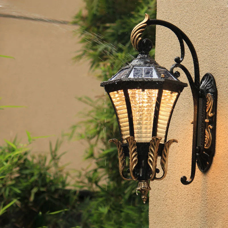Uitlopende vierkante geribbelde glazen wandlamp op zonne-energie Vintage LED-wandlamp voor buiten zwart Clearhalo