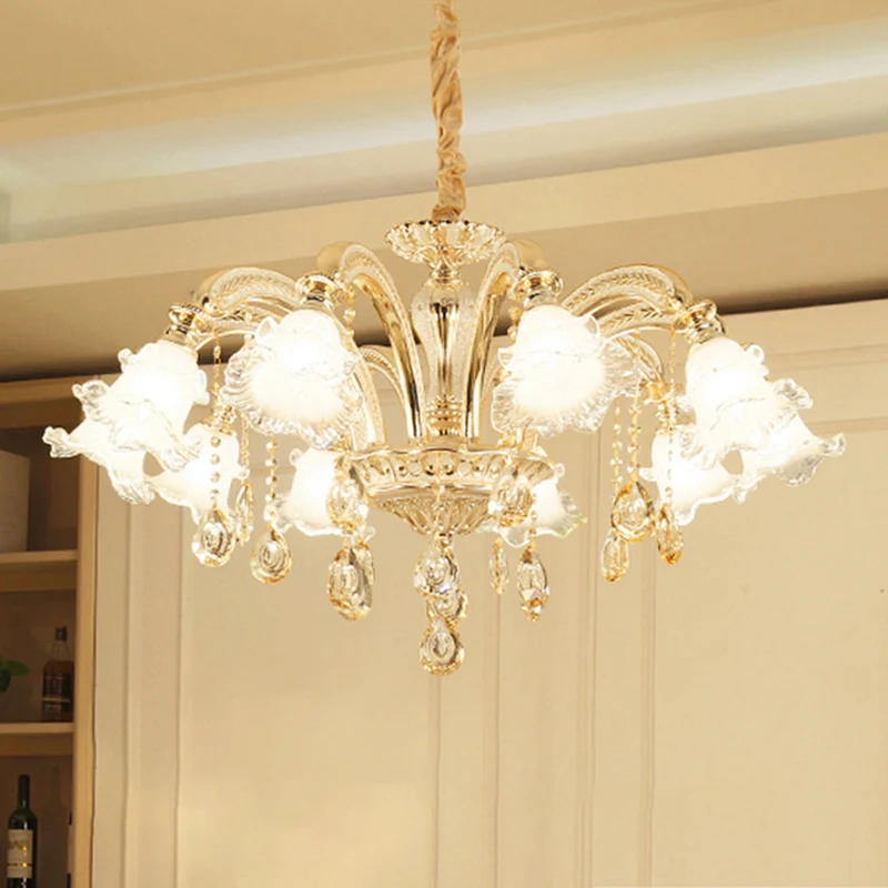 Uitlopende woonkamer kroonluchter verlichting Klassieke ruche glazen gouden hanglamp met kristallen accent Clearhalo
