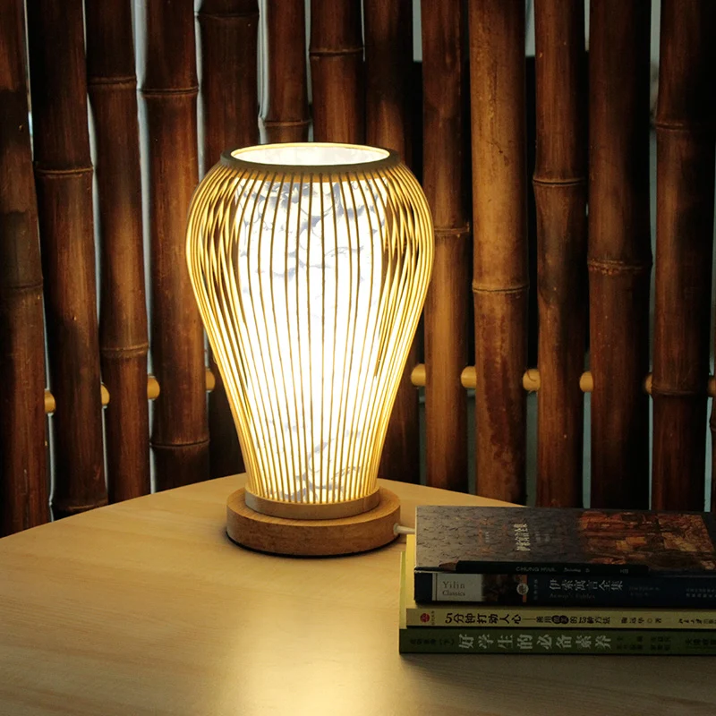 Urn tafellamp Aziatische stijl bamboe enkele lamp witte bureaulamp met binnenste cilinderkap Clearhalo