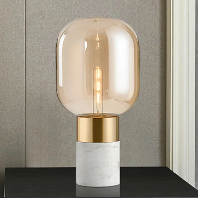 Urn tafellamp modern amberkleurig glas 1-kops nachtkastje met marmeren voet Clearhalo