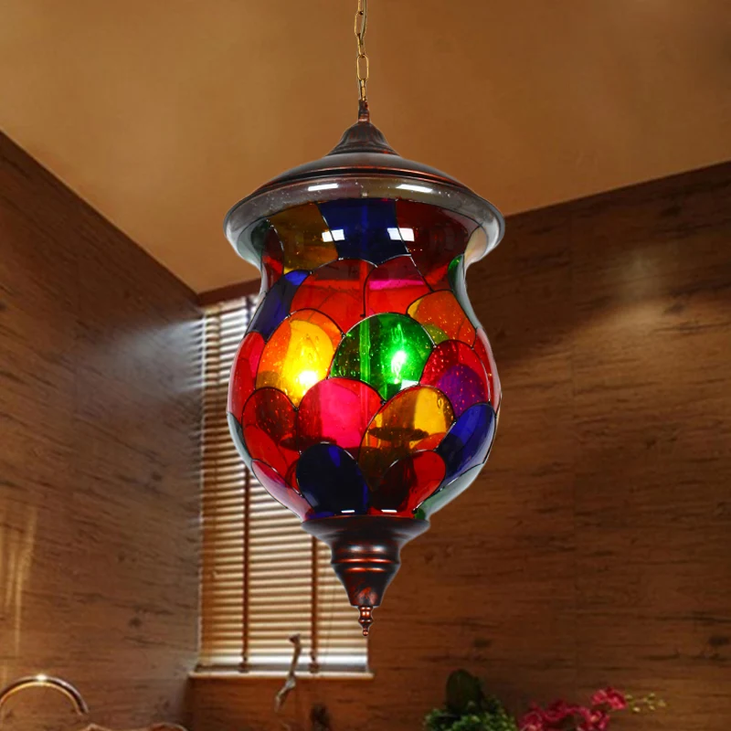 Urn Woonkamer Plafondhanger Mediterraan Glas--lood 1 Kop Rood Hangend Lichtpunt Clearhalo