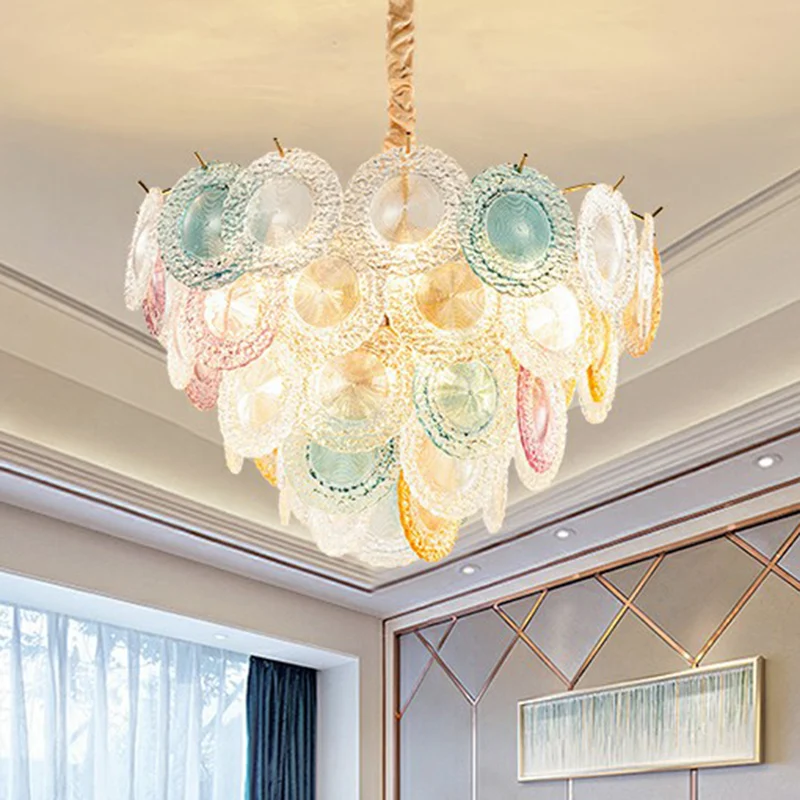 Veelkleurige glazen schijven kroonluchter moderne stijlvolle 10-lichts hangende plafondlamp voor slaapkamer Clearhalo