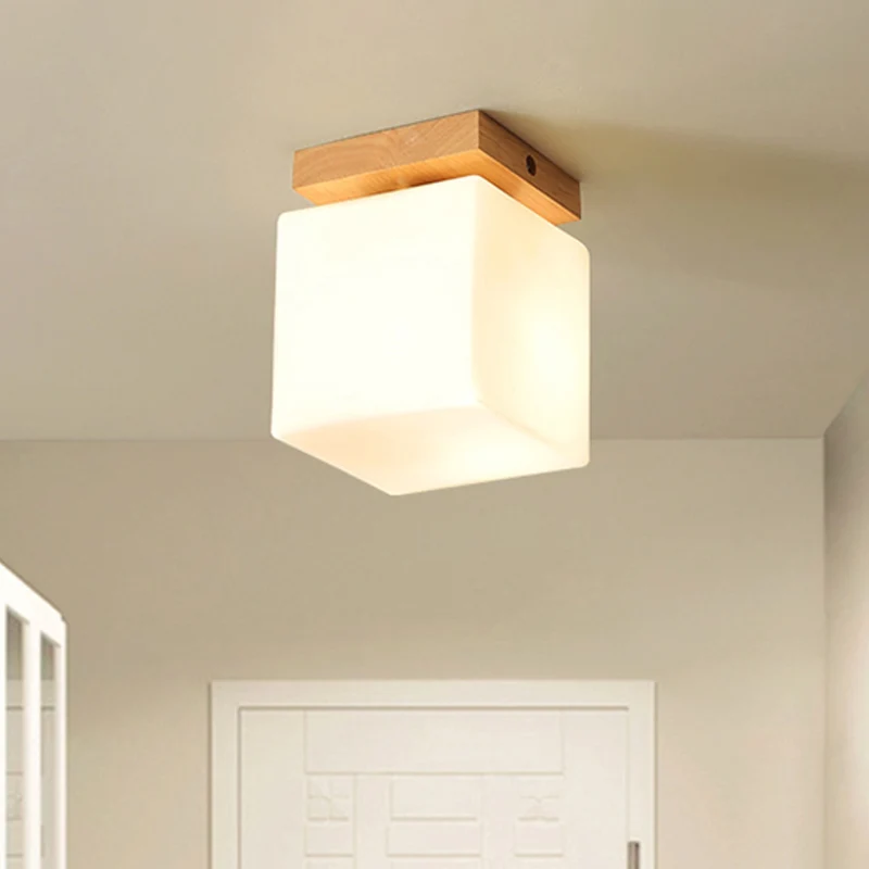 Veranda kubusvormige plafondlamp hout en glas 1 kop Japanse stijlvolle witte plafondlamp Clearhalo