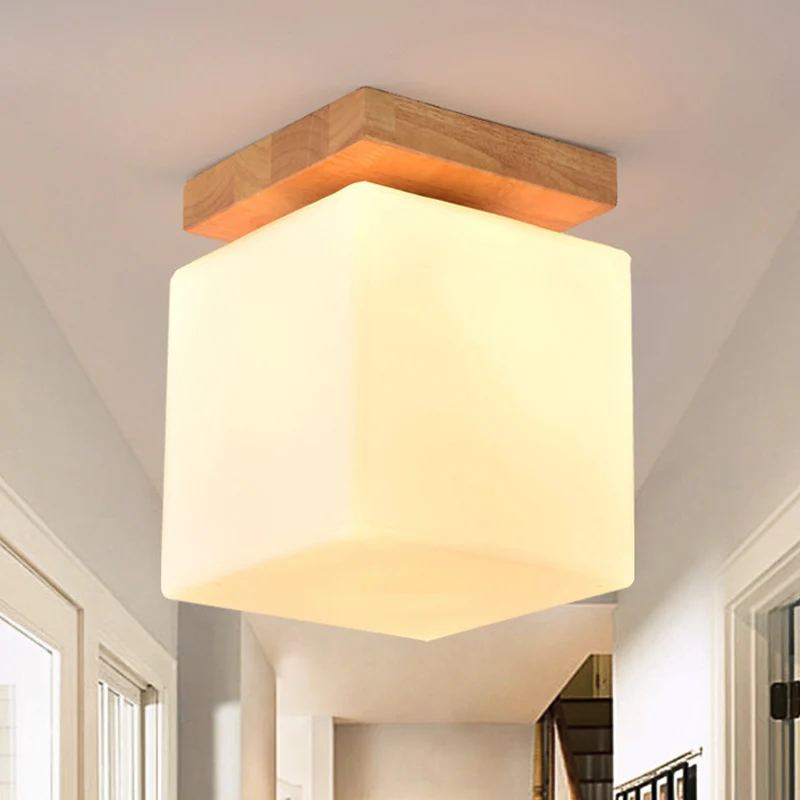 Veranda kubusvormige plafondlamp hout en glas 1 kop Japanse stijlvolle witte plafondlamp Clearhalo