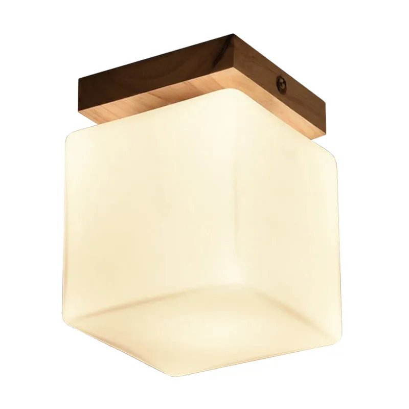 Veranda kubusvormige plafondlamp hout en glas 1 kop Japanse stijlvolle witte plafondlamp Clearhalo