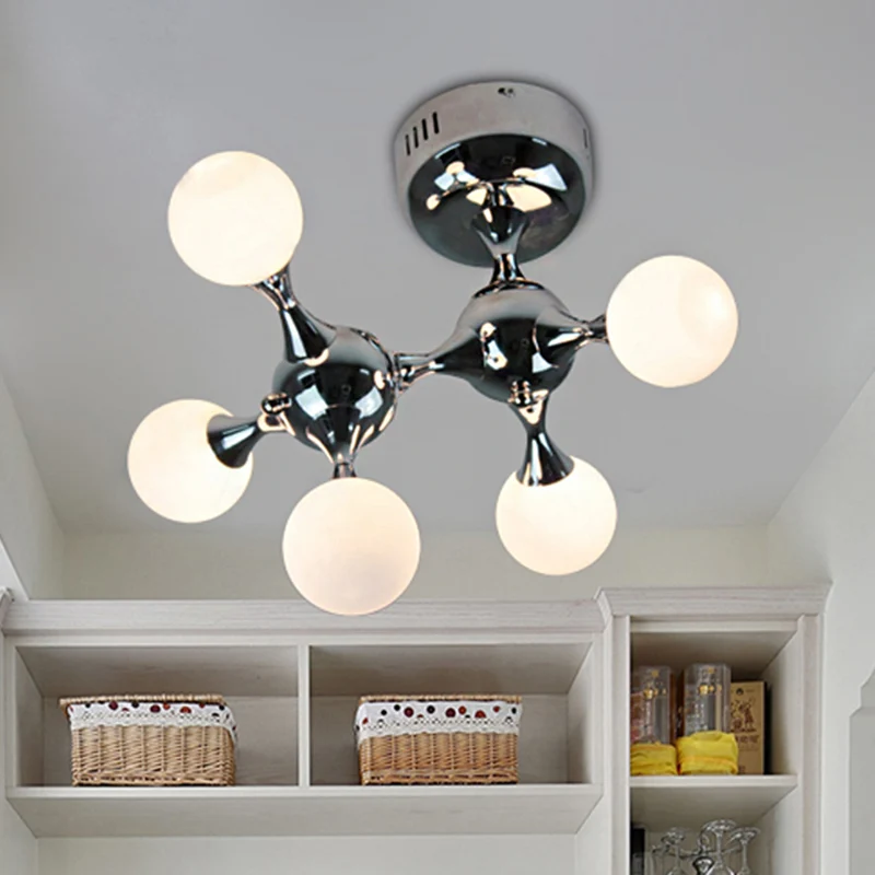 Verchroomde moleculaire semi-inbouwverlichting moderne stijl, 5 lampen, metalen plafondlamp met opalen glazen bolkap Clear...