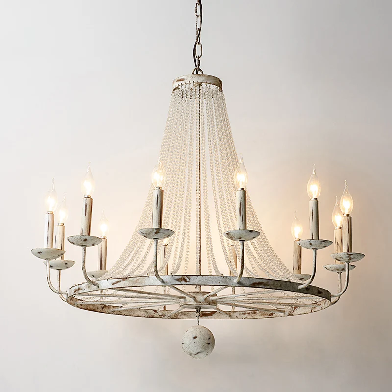 Verontruste houten kralenkroonluchter Retro helder kristallen woonkamer hangende hanglamp met wagenwielontwerp Clearhalo