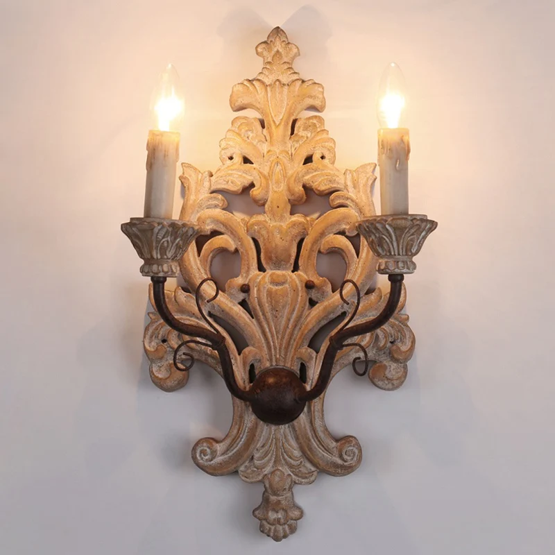 Verontruste witte kaars wandverlichting Klassiek houten 2-lichts veranda wandgemonteerd lichtarmatuur Clearhalo