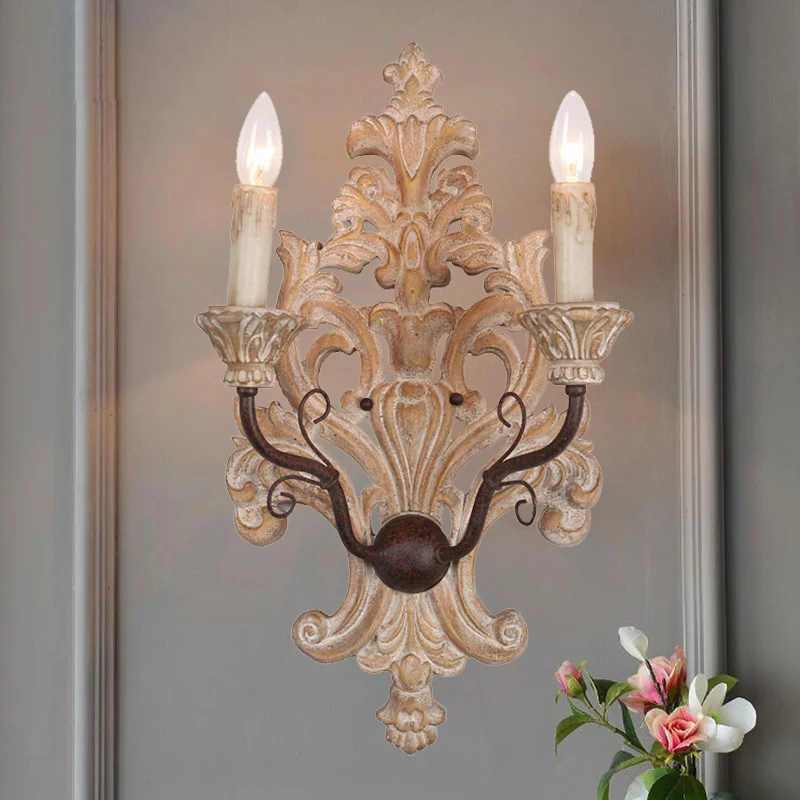 Verontruste witte kaars wandverlichting Klassiek houten 2-lichts veranda wandgemonteerd lichtarmatuur Clearhalo