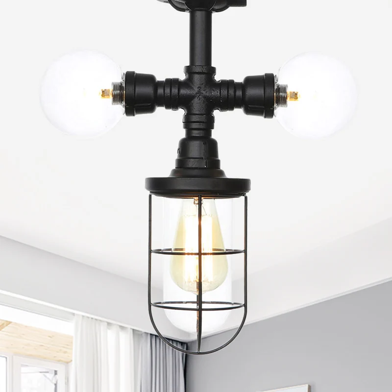 Verouderde bol/capsule halfverzonken plafondlamp, 3 lampen, inbouwlamp van helder glas zwart met kooi Clearhalo