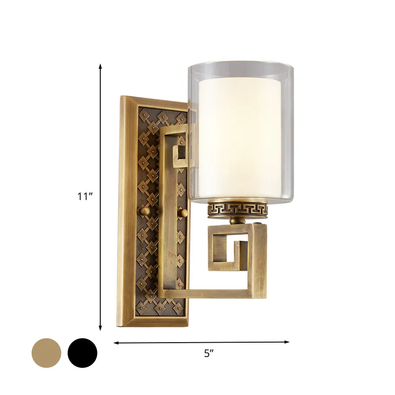 Verouderde goud/zwarte schansideeën Traditioneel transparant en mat glas dubbele schaduw pilaar wandgemonteerde lamp Clear...
