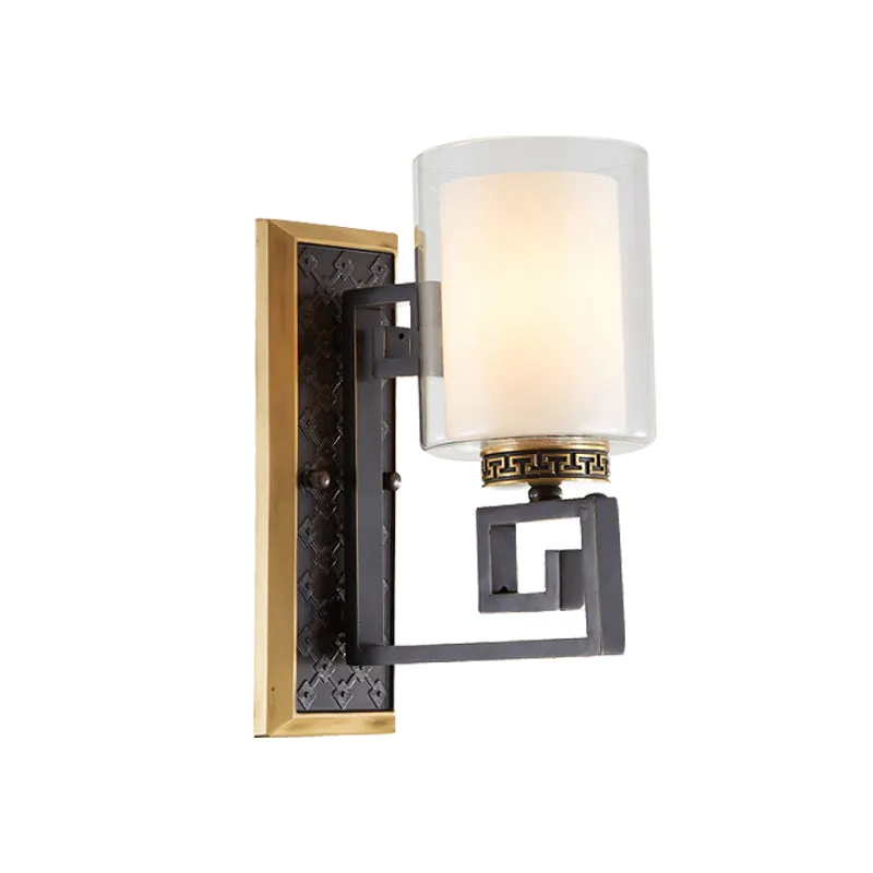 Verouderde goud/zwarte schansideeën Traditioneel transparant en mat glas dubbele schaduw pilaar wandgemonteerde lamp Clear...