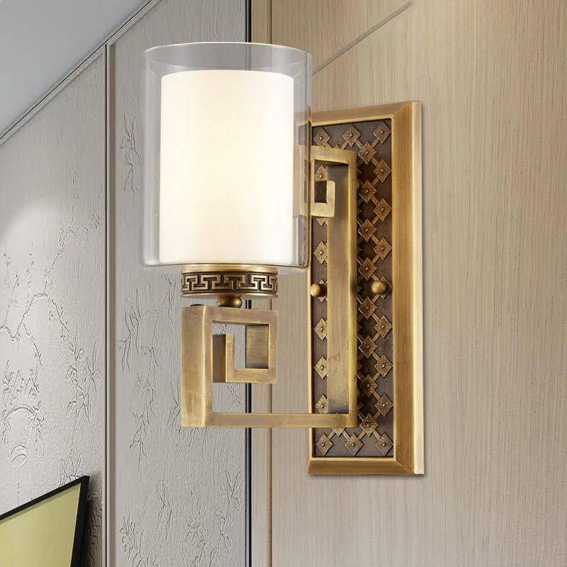 Verouderde goud/zwarte schansideeën Traditioneel transparant en mat glas dubbele schaduw pilaar wandgemonteerde lamp Clear...