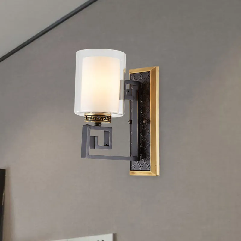 Verouderde goud/zwarte schansideeën Traditioneel transparant en mat glas dubbele schaduw pilaar wandgemonteerde lamp Clear...