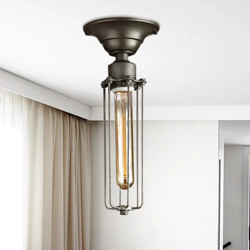 Verouderde zilveren buiskooi semi-inbouwlicht retro vintage metalen 1-kops balkonplafondlamp Clearhalo