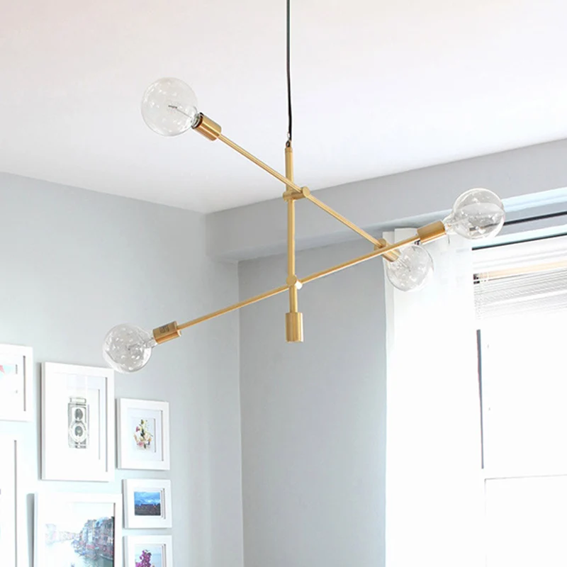 Verstelbare gekruiste hanglamp, eigentijds metallic, 4 lampen, gouden kroonluchterlamp met helderglazen bolkap Clearhalo