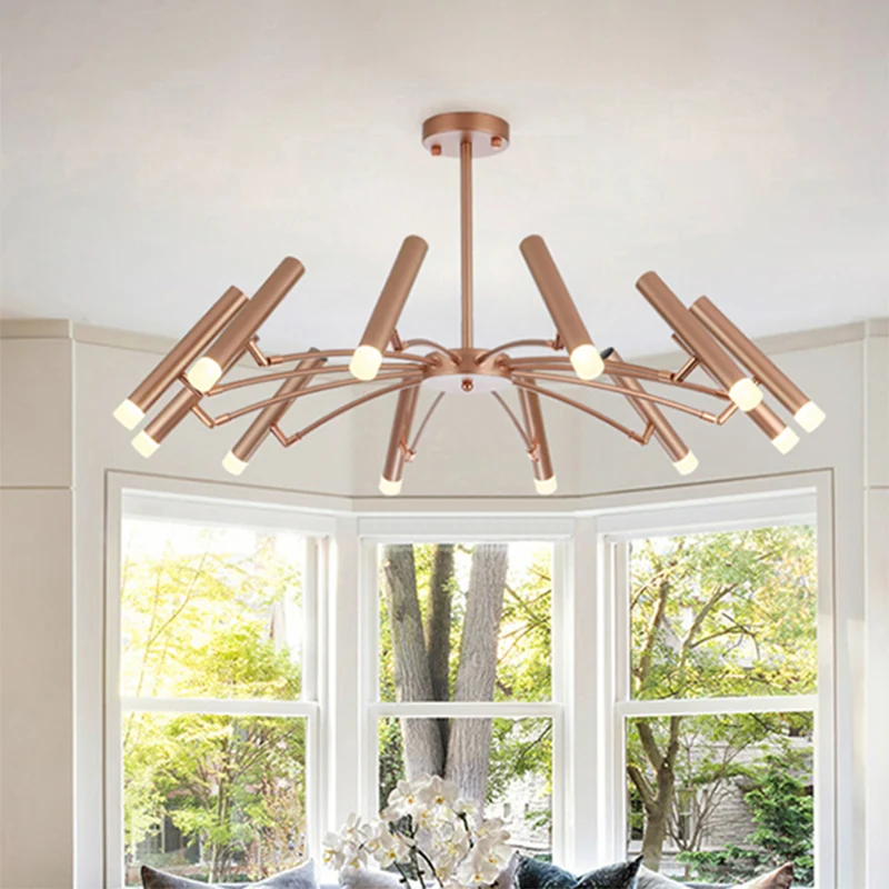 Verstelbare lineaire kap grote kroonluchter metaal 12/24 lampen moderne plafondlamp zwart/rosé goud Clearhalo