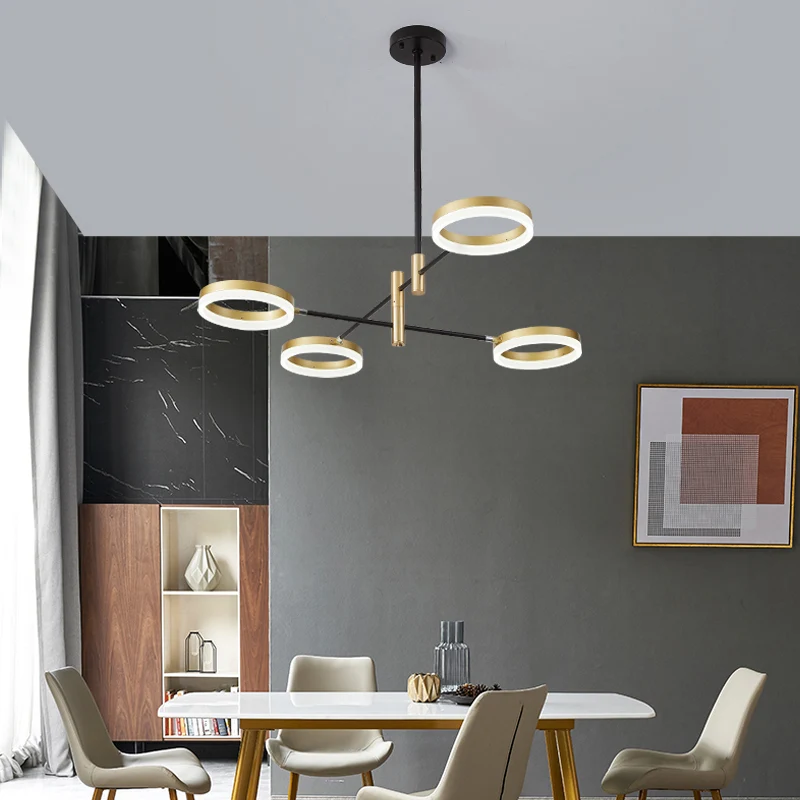 Verstelbare ringkroonluchter, postmoderne acryl woonkamer LED-hanglamp zwart-goud Clearhalo