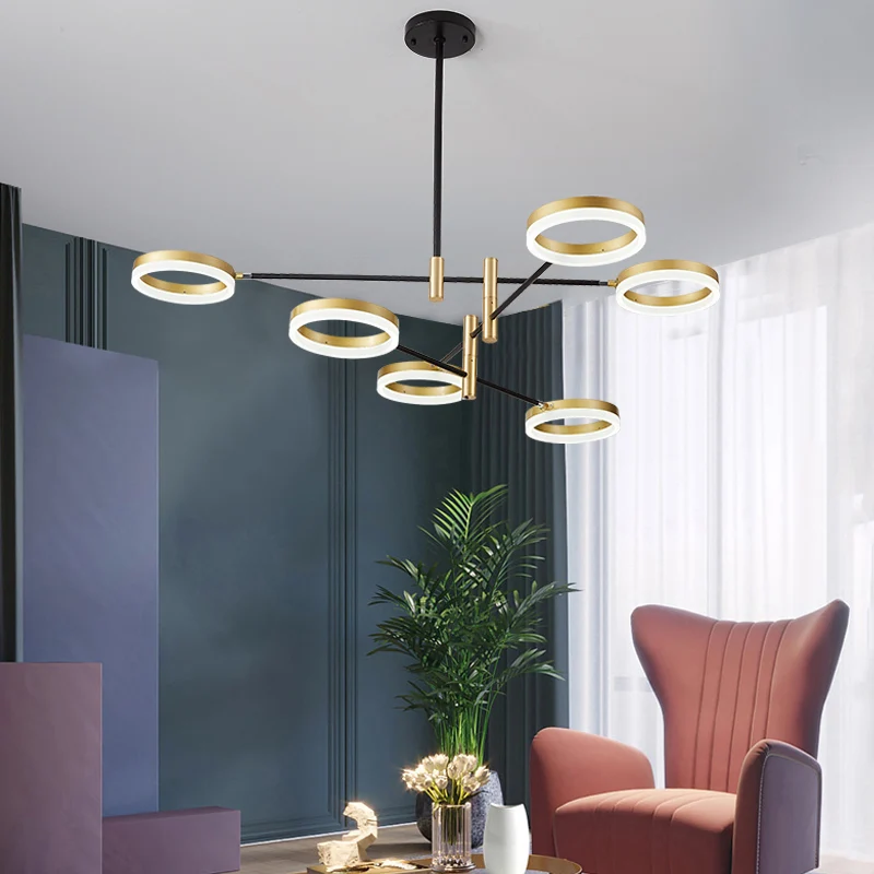 Verstelbare ringkroonluchter, postmoderne acryl woonkamer LED-hanglamp zwart-goud Clearhalo