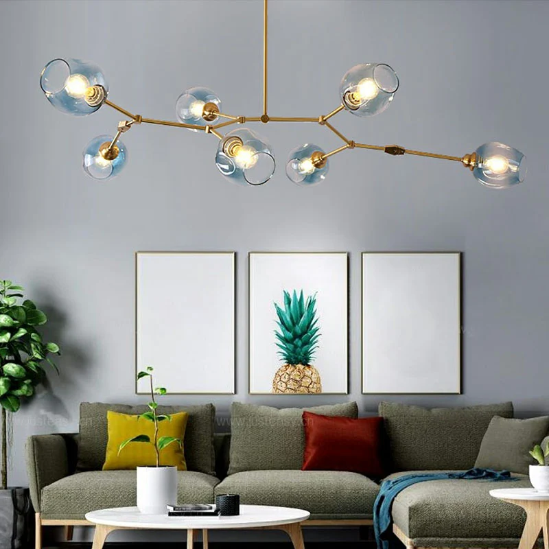 Verstelbare takkroonluchter, postmodern glas met kuiltjes, 7-lichts gouden hanglamp voor salon Clearhalo