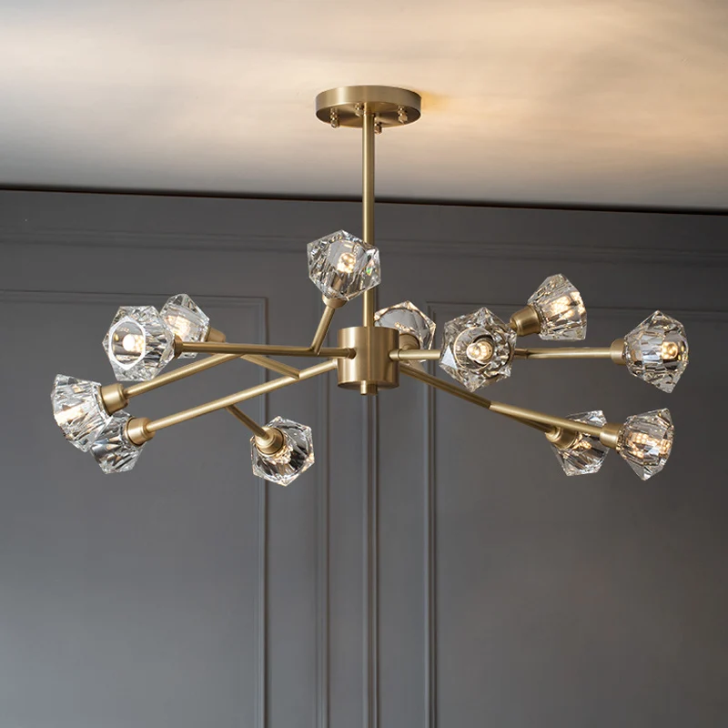 Vertakkende bloem kristallen plafondlamp postmoderne 6/12/15 hoofden slaapkamer hangende kroonluchter messing Clearhalo