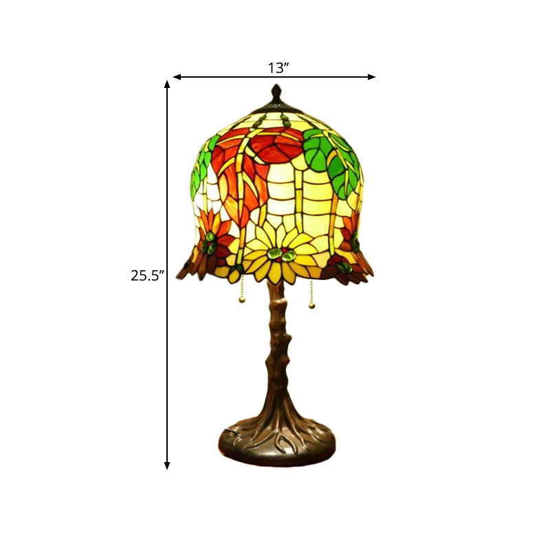 Victoriaanse Bell tafellamp 2 hoofden handgeslepen glazen nachtkastje met bloesempatroon geel en groen met trekketting Cle...