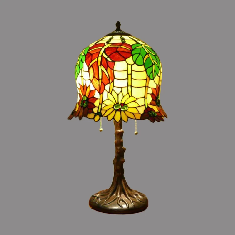 Victoriaanse Bell tafellamp 2 hoofden handgeslepen glazen nachtkastje met bloesempatroon geel en groen met trekketting Cle...