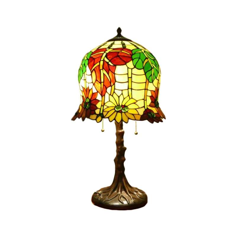 Victoriaanse Bell tafellamp 2 hoofden handgeslepen glazen nachtkastje met bloesempatroon geel en groen met trekketting Cle...