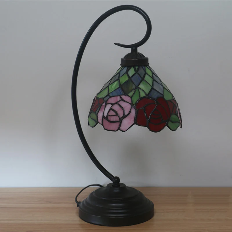 Victoriaanse komtafellamp met 1 kop, gekleurd kunstglas, bureaulamp met roospatroon donkere koffie Clearhalo