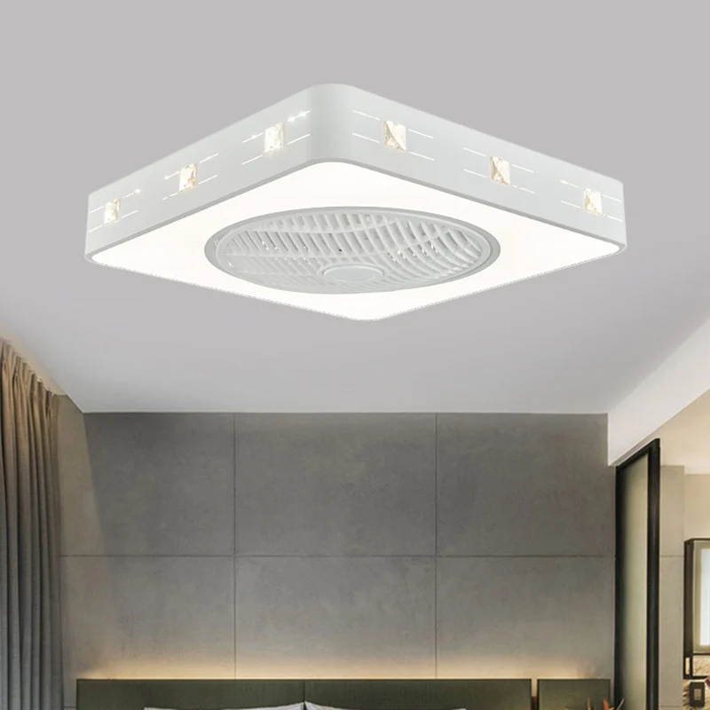 Vierkant verfraaide kristallen hangende ventilatorlamp, eigentijds 21,5 inch breed LED-slaapkamer semi-inbouwlicht wit Cle...