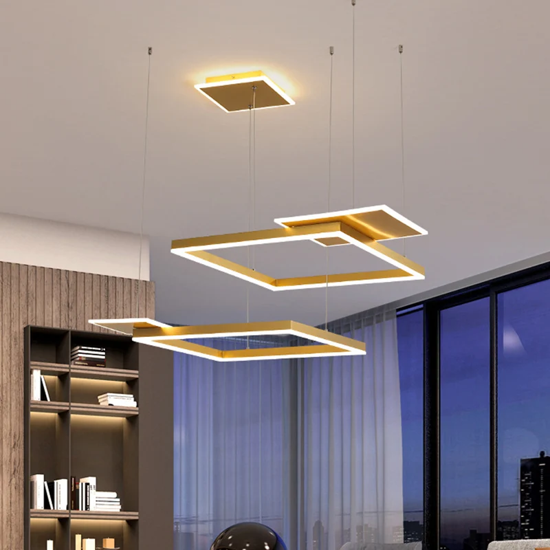 Vierkante hangende kroonluchter hanglamp modernistische LED metalen plafondlamp goud/koffie, warm/wit licht Clearhalo
