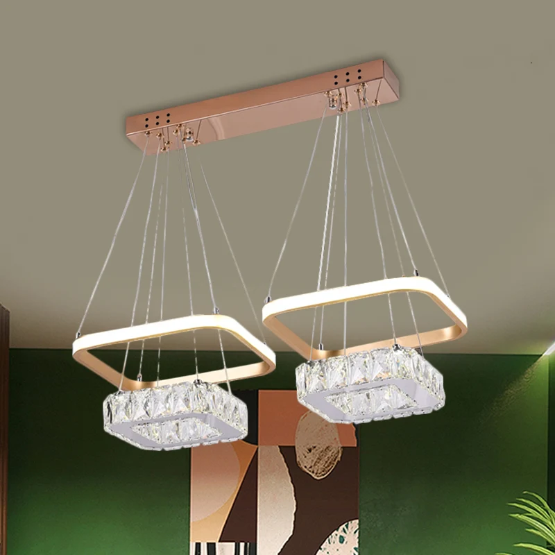Vierkante, heldere kristallen kroonluchterlamp, moderne LED-roestvrijstalen hanglamp met metalen frame Clearhalo