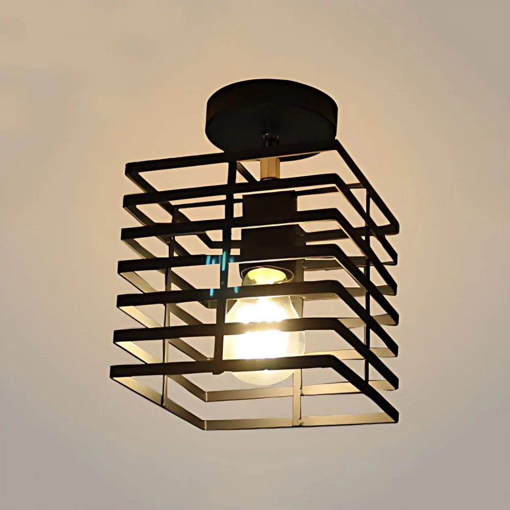 Vierkante plafondlamp met 1 lamp en kooischaduw Retro Loft zwart metallic semi-inbouw hanglamp Clearhalo