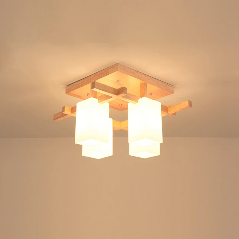 Vierkante semi-inbouw lichte moderne houten woonkamer inbouw plafondkroonluchter met rechthoekige witte glazen kap Clearhalo